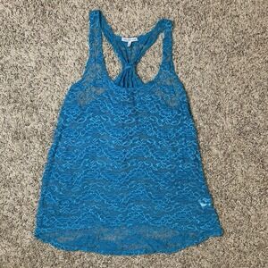 Charlotte Russe Racer Back Tank Top Womens M Teal Blue Lace Summer Semi Sheer